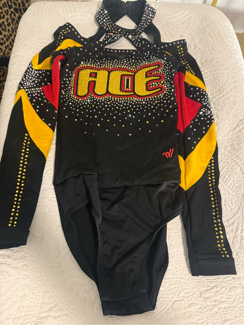 Varsity Spirit ACE Rhinestone Cheer Bodysuit Uniform Black Red Gold YML